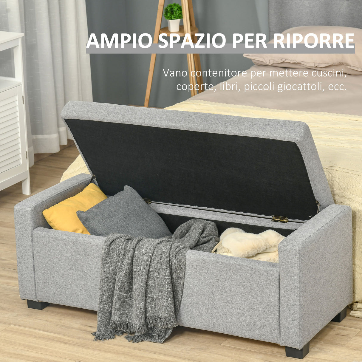easycomfort easycomfort panca fondoletto con vano contenitore in tessuto 120x50x44cm grigio
