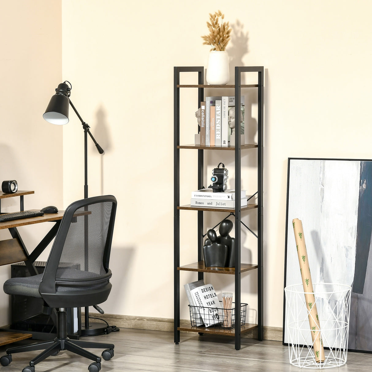 easycomfort easycomfort libreria stile industriale a 5 scaffali in legno e acciaio 40x30x154cm marrone rustico