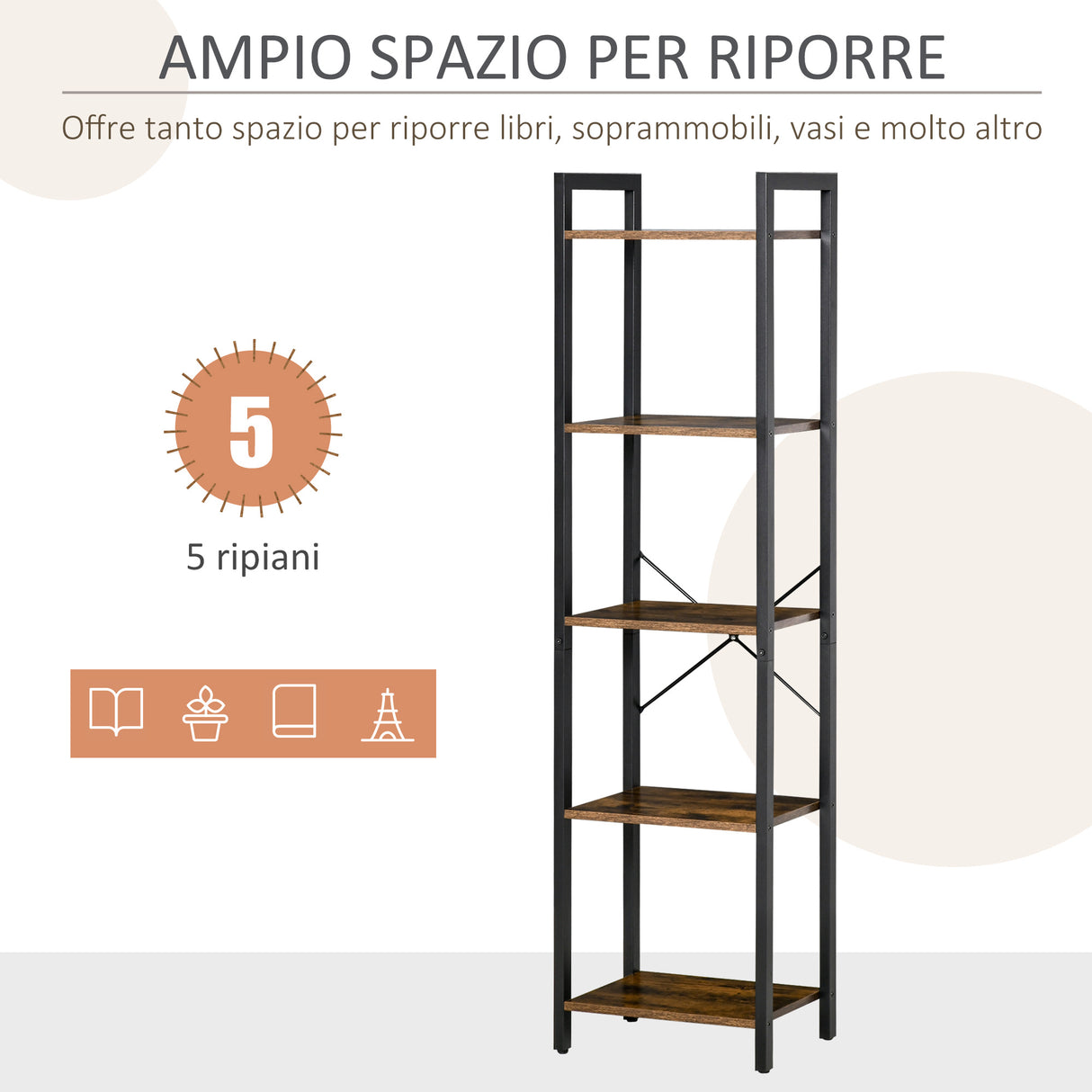 easycomfort easycomfort libreria stile industriale a 5 scaffali in legno e acciaio 40x30x154cm marrone rustico