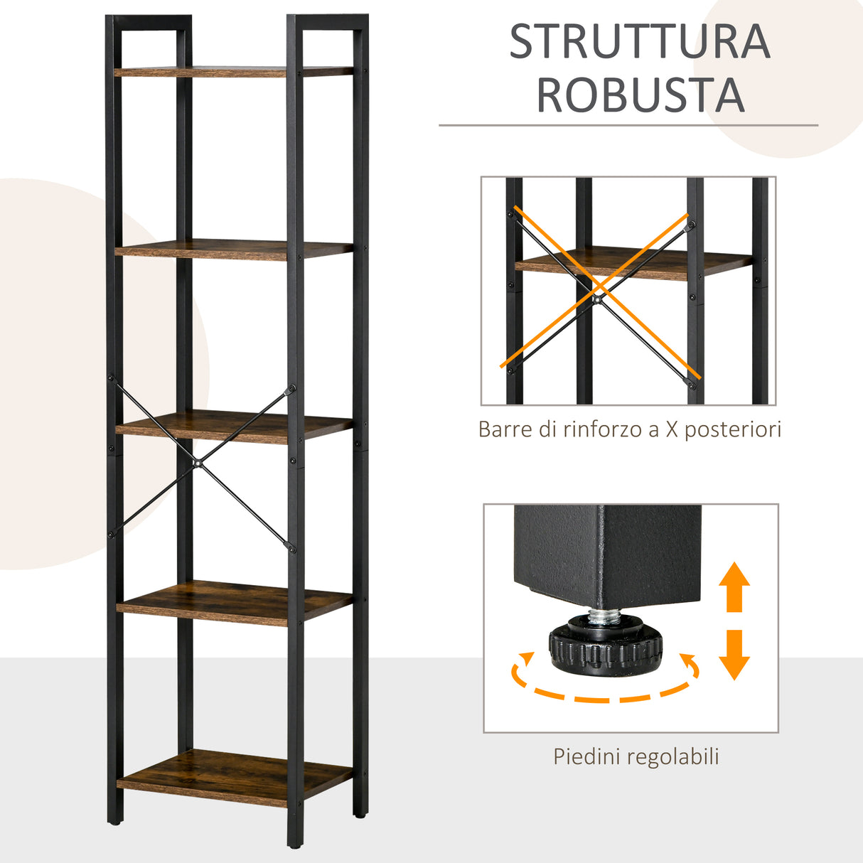 easycomfort easycomfort libreria stile industriale a 5 scaffali in legno e acciaio 40x30x154cm marrone rustico