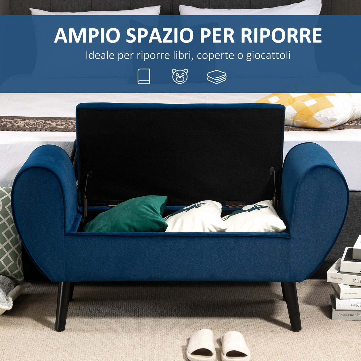 easycomfort easycomfort panca contenitore imbottita per camera da letto e ingresso panca fondo letto con braccioli blu