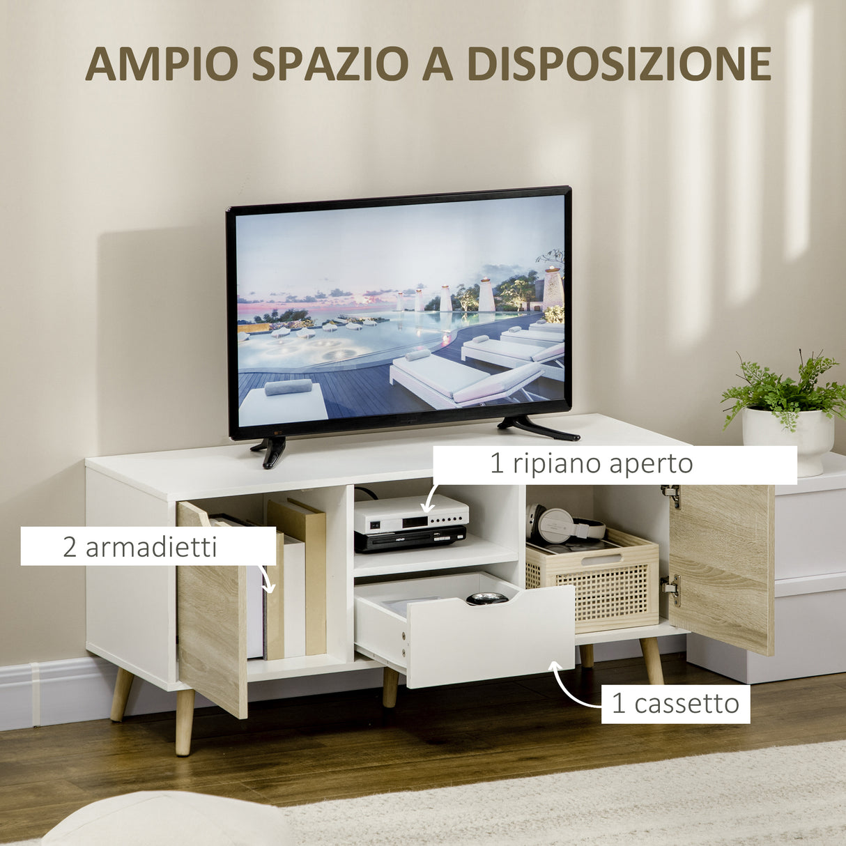 easycomfort easycomfort mobile tv moderno max 50 in truciolato con cassetti ripiani aperti e armadietti 110x40x50 cm bianco e colore legno