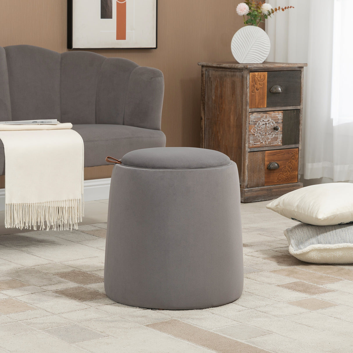 easycomfort easycomfort pouf contenitore in velluto 2 in 1 convertibile in tavolino da caffe 44x47 5cm grigio