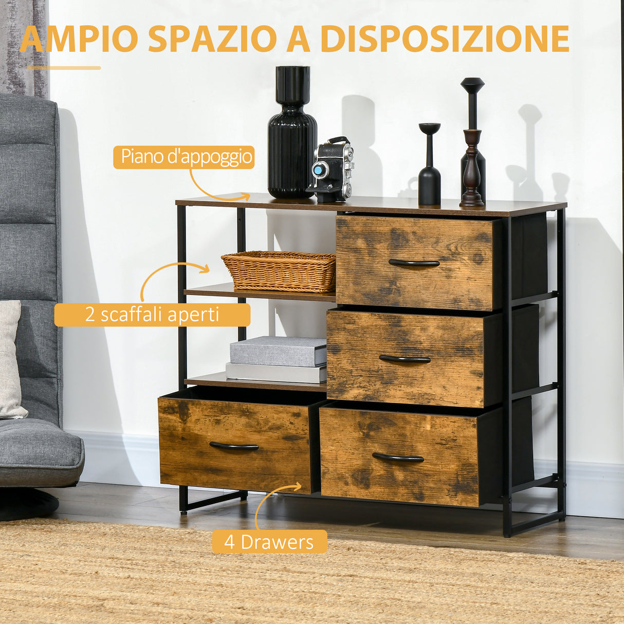 easycomfort easycomfort cassettiera in stile industriale con 4 cassetti in tessuto pieghevole e 2 ripiani aperti 84x30x71 5 cm marrone