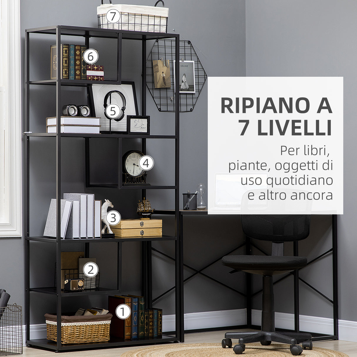 easycomfort easycomfort mobile libreria a 7 livelli in truciolato e acciaio per soggiorno camera da letto e ufficio 83x34x180 cm nero