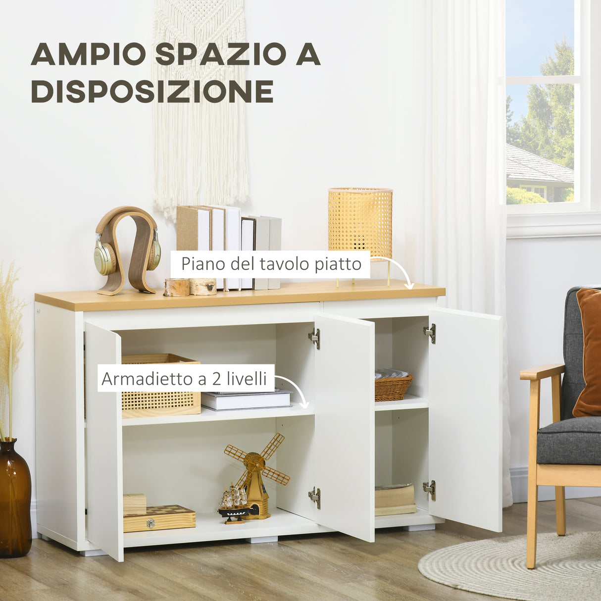 easycomfort easycomfort mobile multiuso con 2 armadietti a 2 livelli in truciolato ripiano regolabile 120x37x75cm bianco e color legno