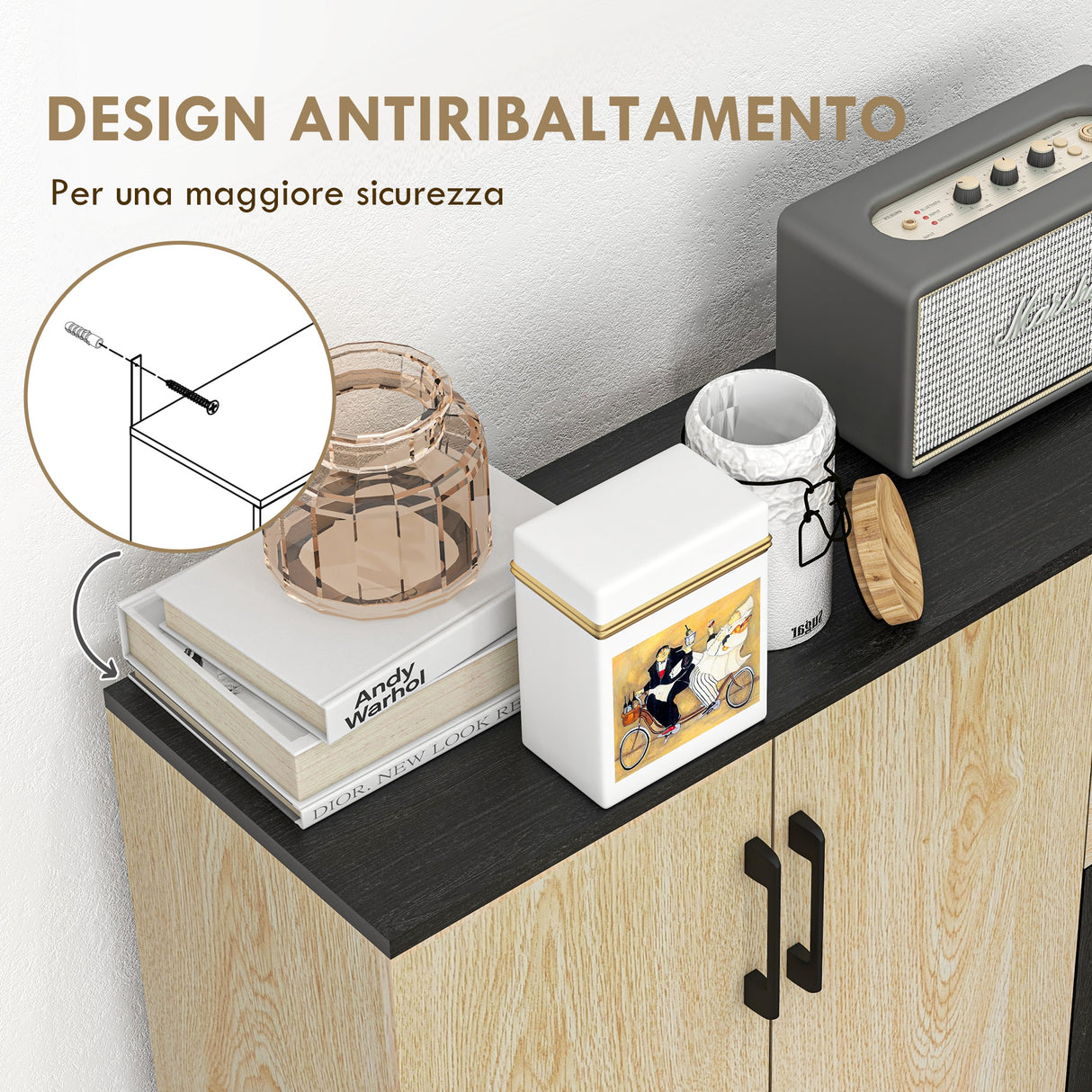 easycomfort easycomfort credenza moderna con 2 armadietti e 2 cassetti in legno 90x30x75 5cm noce e nero