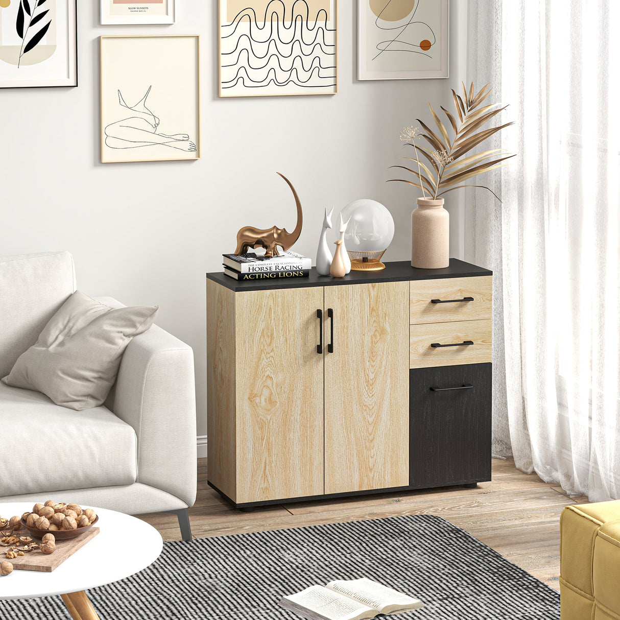 easycomfort easycomfort credenza moderna con 2 armadietti e 2 cassetti in legno 90x30x75 5cm noce e nero