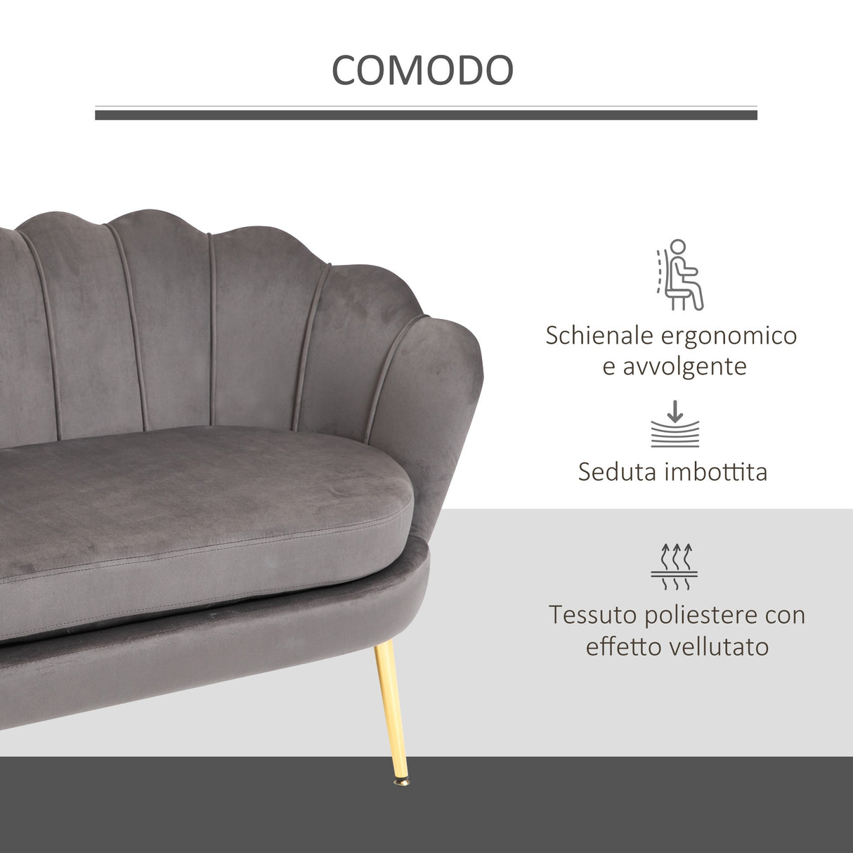 easycomfort easycomfort divano 2 posti in velluto e gambe in metallo per casa e ufficio grigio ean 8055776913551