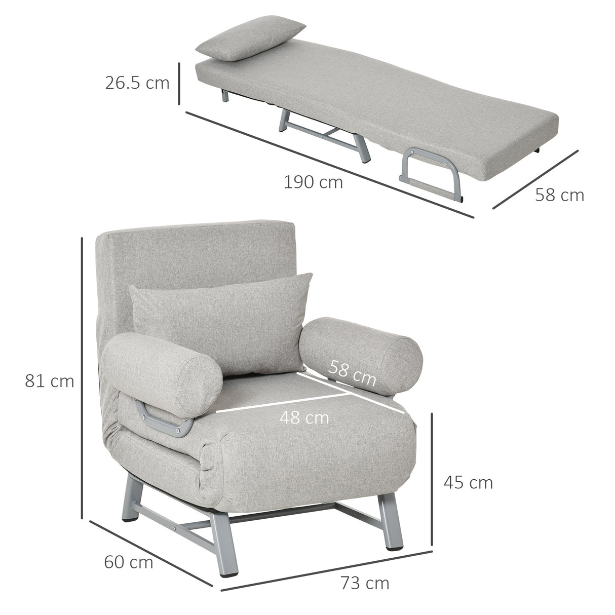 easycomfort easycomfort poltrona letto singolo con schienale reclinabile 5 livelli 73x60x81cm grigio