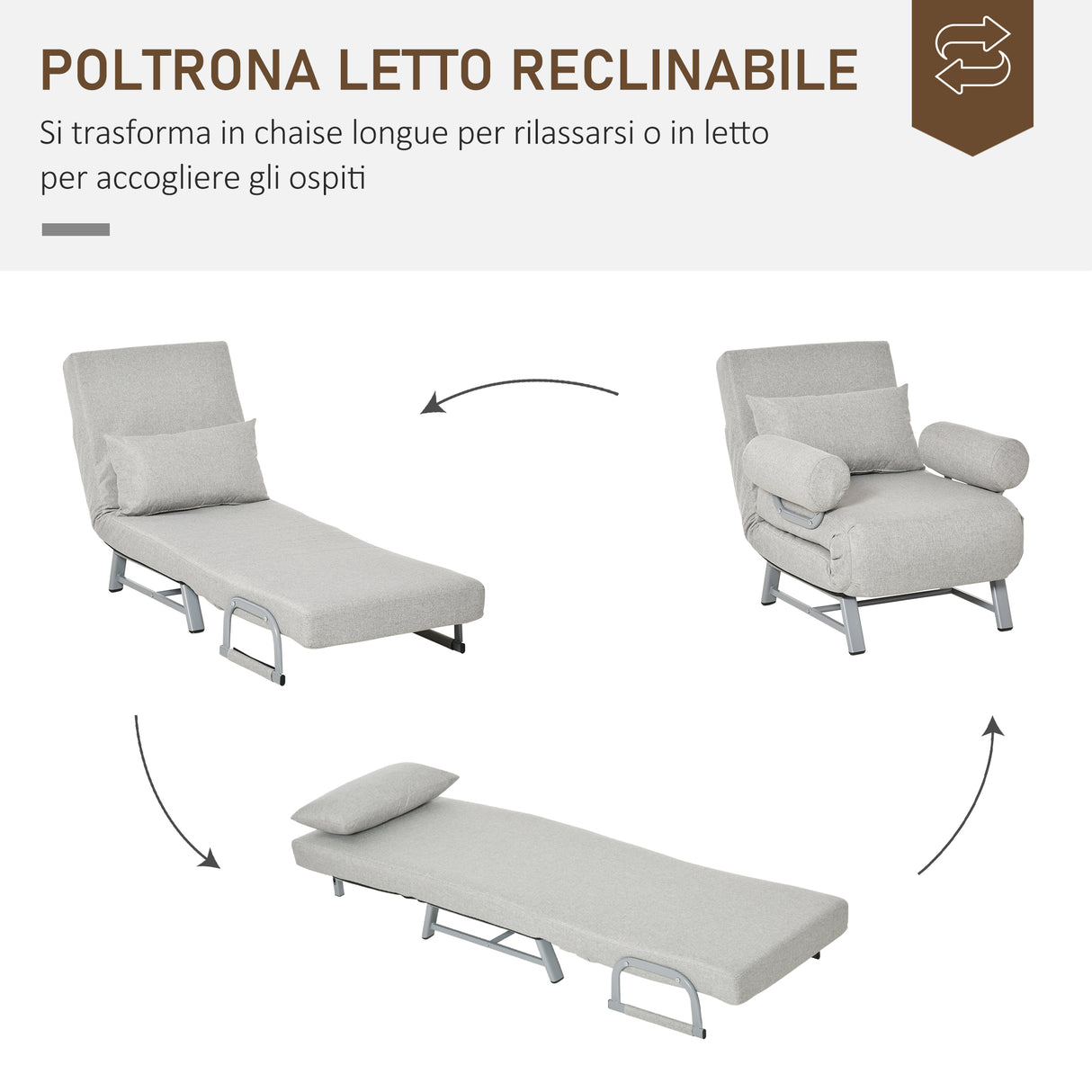 easycomfort easycomfort poltrona letto singolo con schienale reclinabile 5 livelli 73x60x81cm grigio