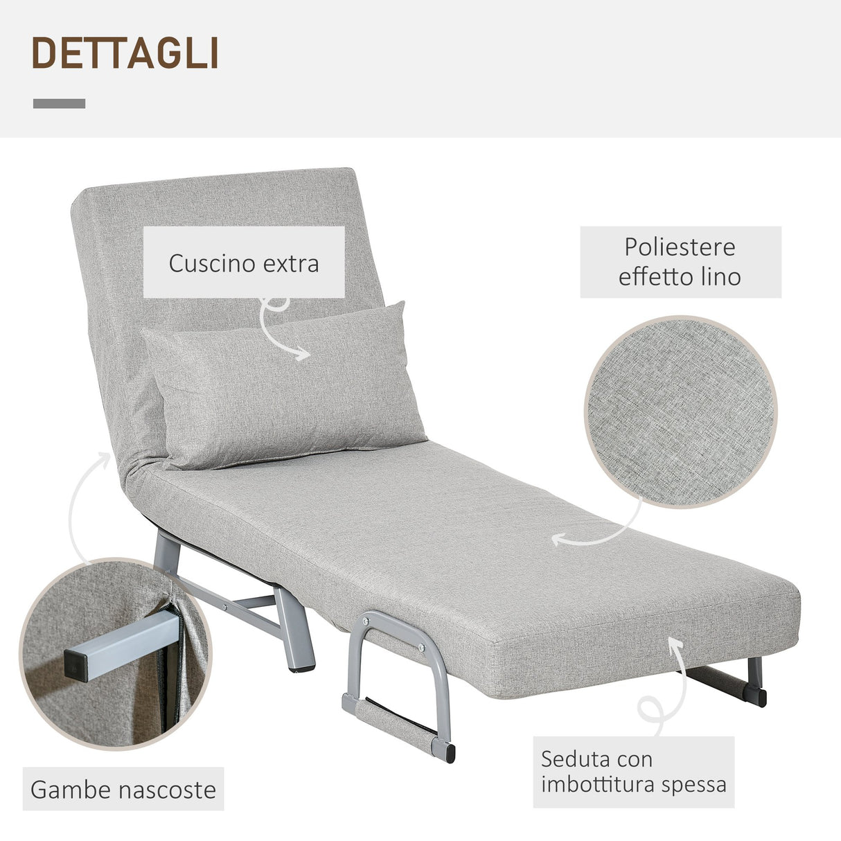 easycomfort easycomfort poltrona letto singolo con schienale reclinabile 5 livelli 73x60x81cm grigio