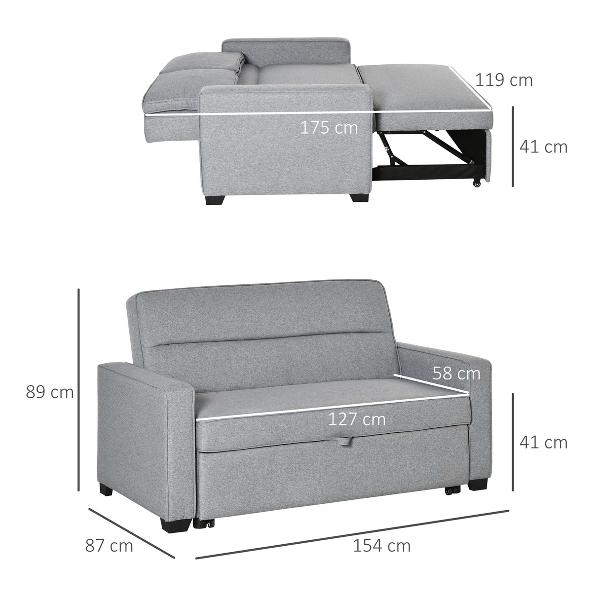easycomfort easycomfort divano letto a 1 piazza in tessuto seduta 2 posti e schienale a 3 reclinazioni 154x87x89cm grigio