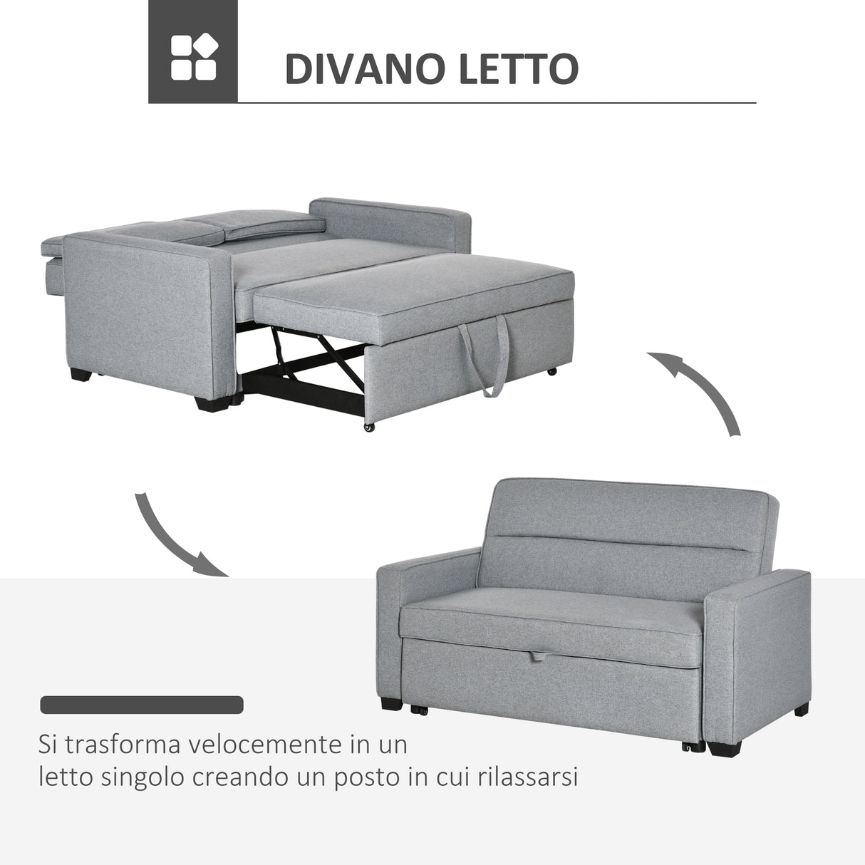 easycomfort easycomfort divano letto a 1 piazza in tessuto seduta 2 posti e schienale a 3 reclinazioni 154x87x89cm grigio