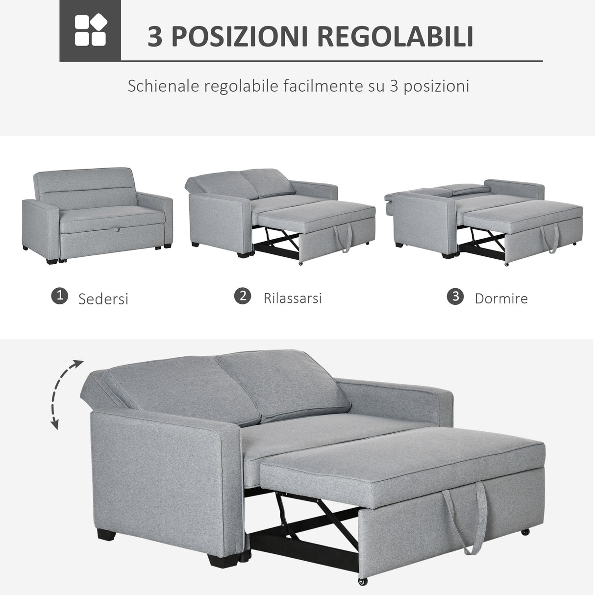 easycomfort easycomfort divano letto a 1 piazza in tessuto seduta 2 posti e schienale a 3 reclinazioni 154x87x89cm grigio