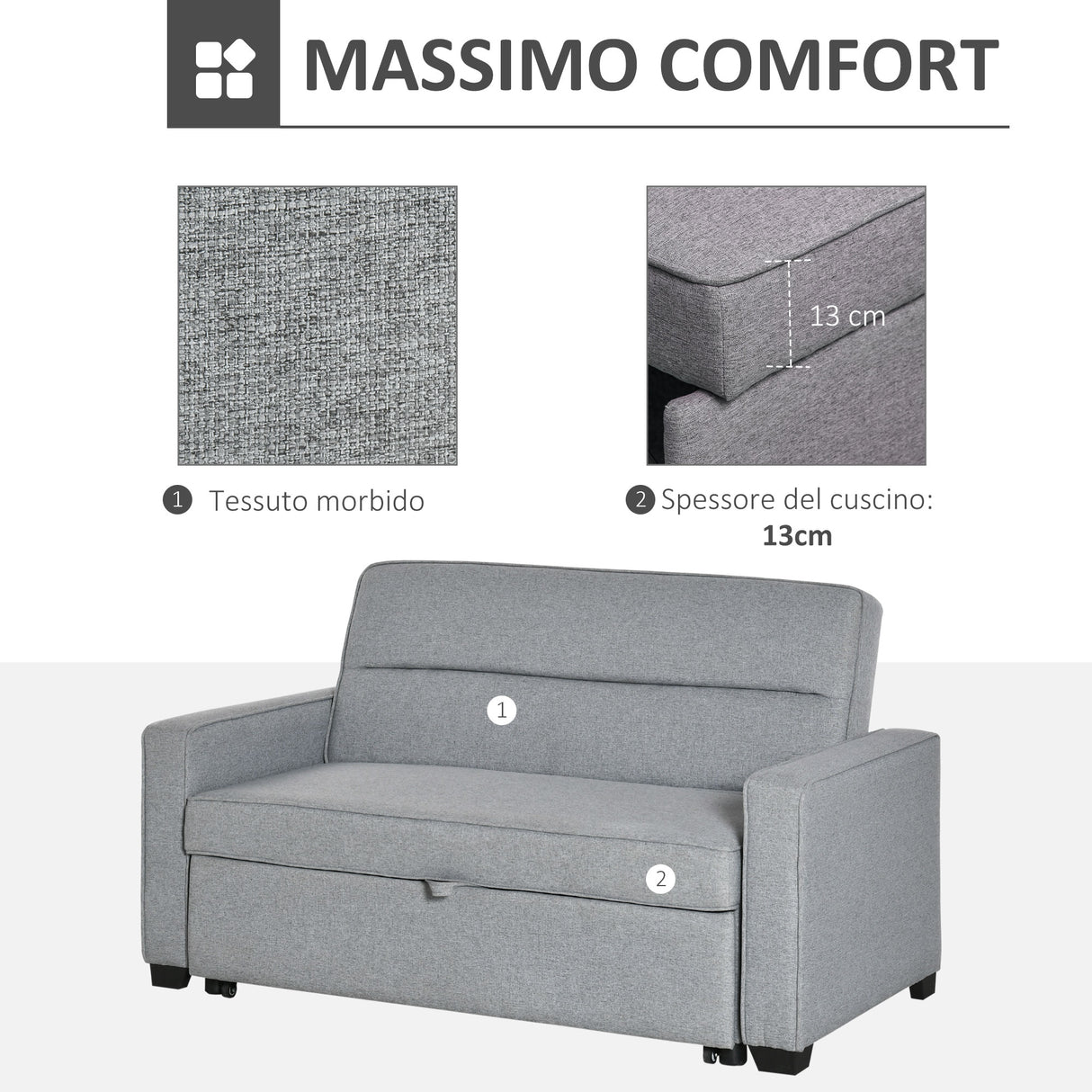 easycomfort easycomfort divano letto a 1 piazza in tessuto seduta 2 posti e schienale a 3 reclinazioni 154x87x89cm grigio