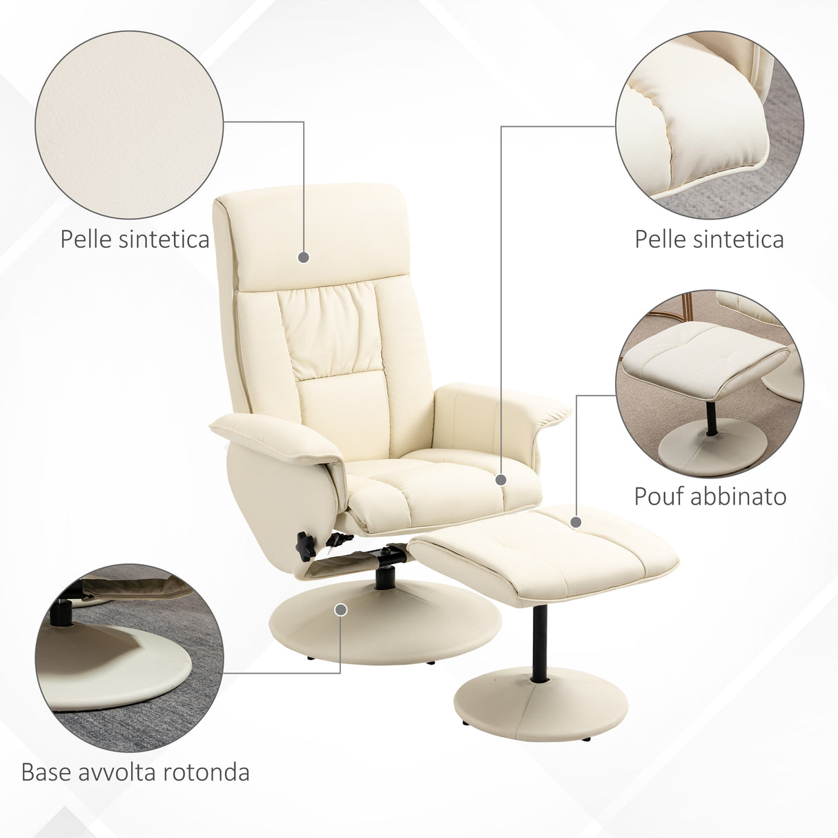 easycomfort easycomfort poltrona relax reclinabile fino 135 con seduta girevole e pouf poggiapiedi 78x84x110cm crema