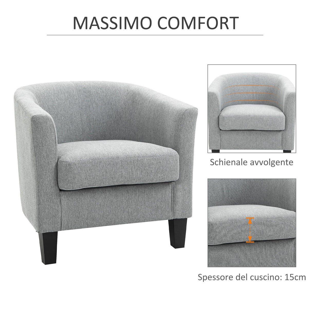 easycomfort easycomfort poltrona moderna imbottita con seduta profonda poltroncina da camera e soggiorno 75x72x74cm grigio