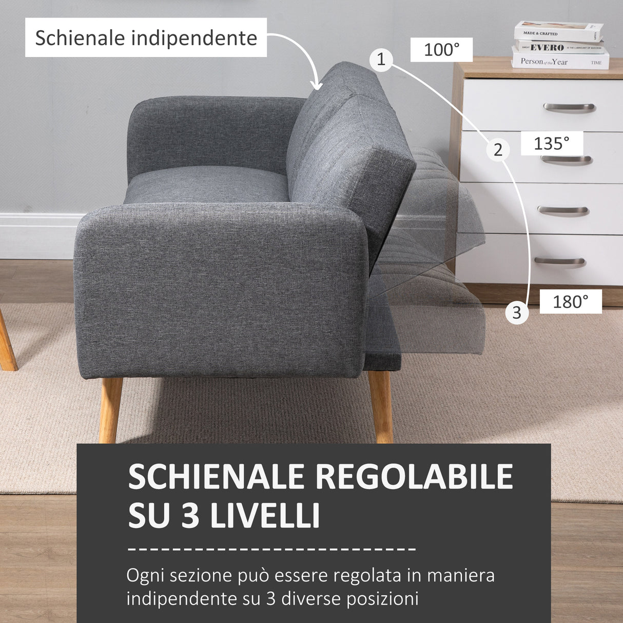 easycomfort easycomfort divano letto 2 posti a 1 piazza con schienale reclinabile in tessuto 173x75x73cm grigio