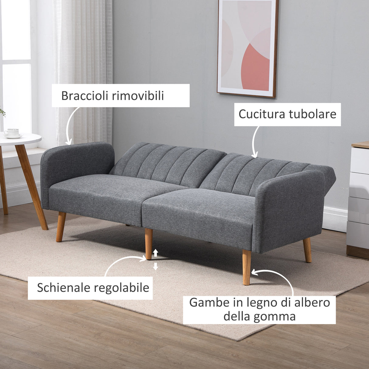 easycomfort easycomfort divano letto 2 posti a 1 piazza con schienale reclinabile in tessuto 173x75x73cm grigio