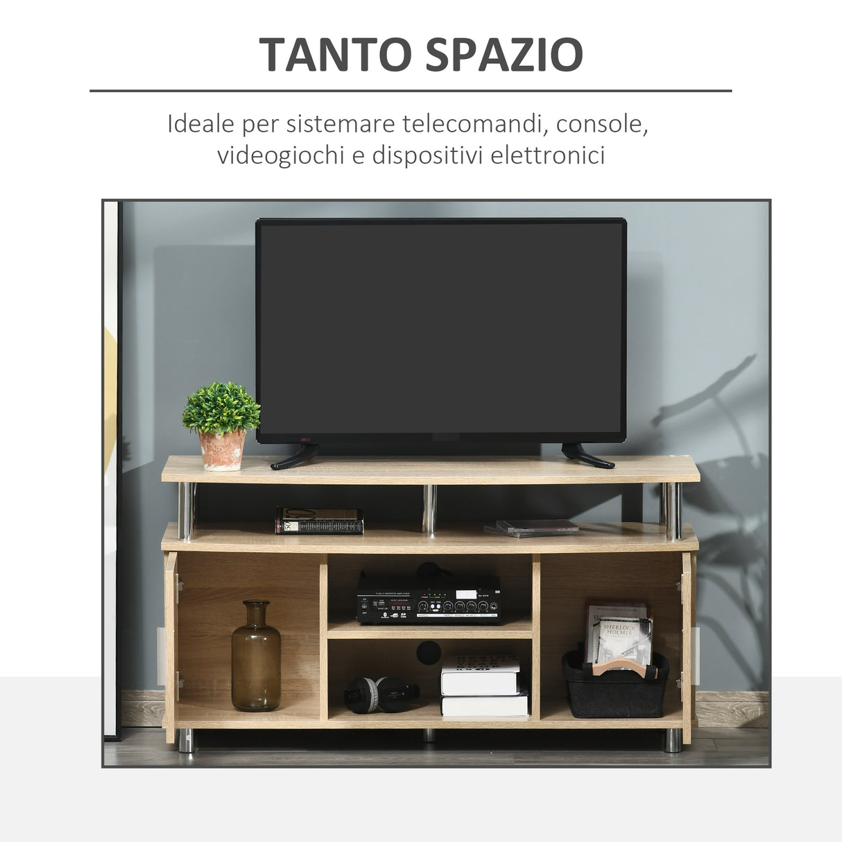 easycomfort easycomfort mobile tv moderno con 2 ripiani fori passacavi e 2 armadietti in mdf 105x40x55cm rovere