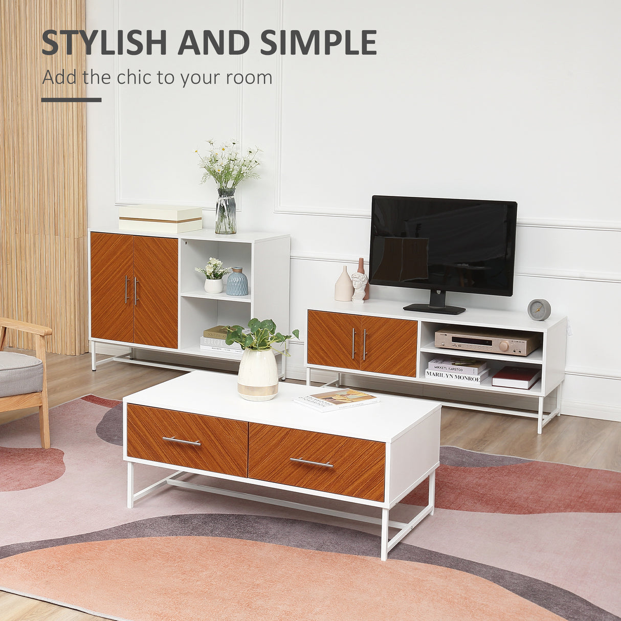 easycomfort easycomfort tavolino da caffe con 2 cassetti e vano aperto in legno e metallo 100x50x40cm bianco e marrone