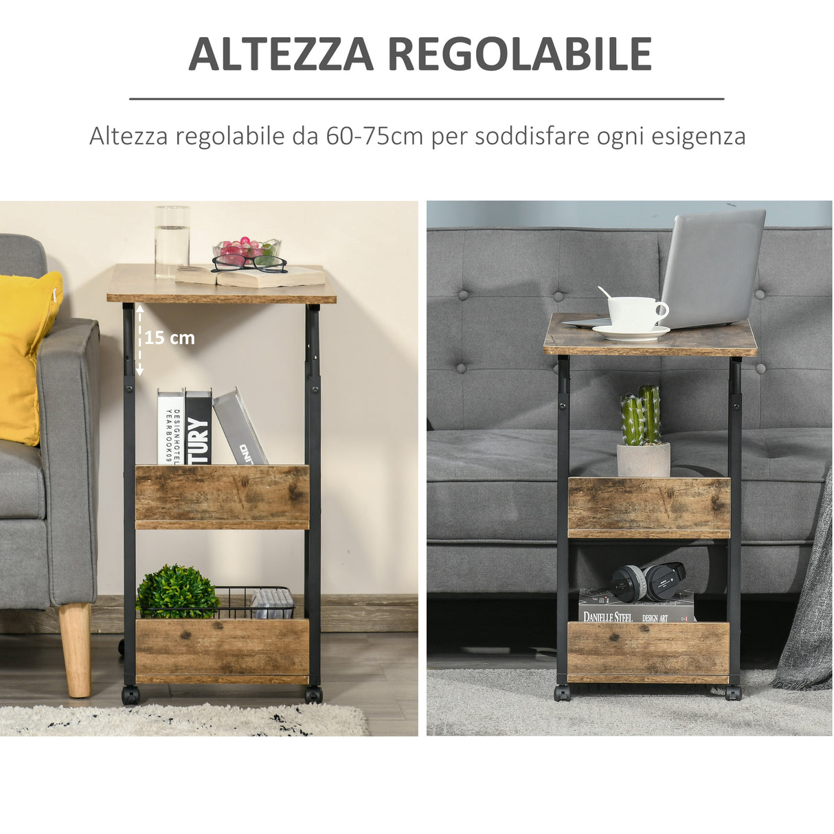 easycomfort easycomfort tavolino da salotto stile industriale altezza regolabile e 4 ruote con freno 80x40x60 75cm