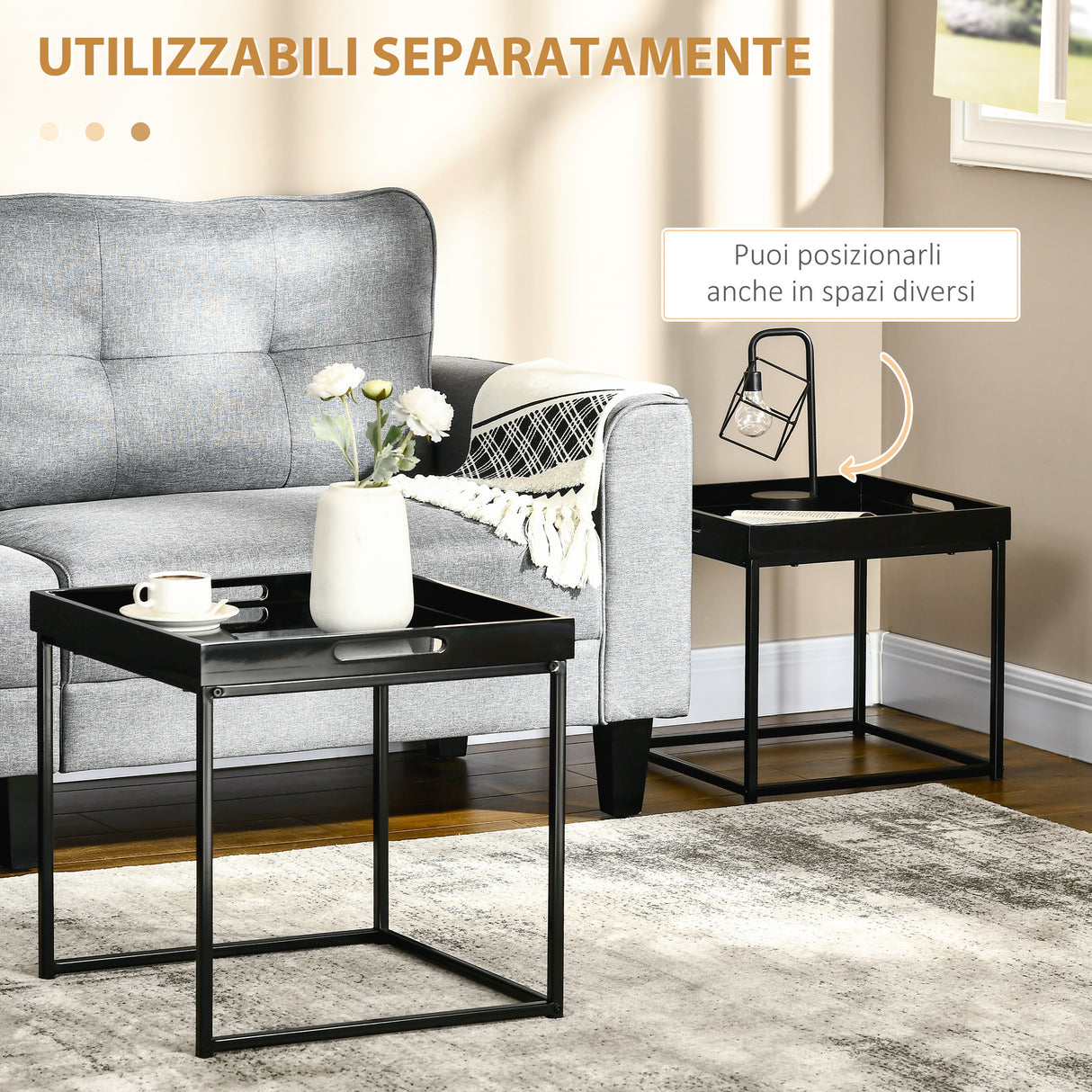 easycomfort easycomfort set da 2 tavolini da caffe impilabili con finitura lucida e telaio in acciaio nero