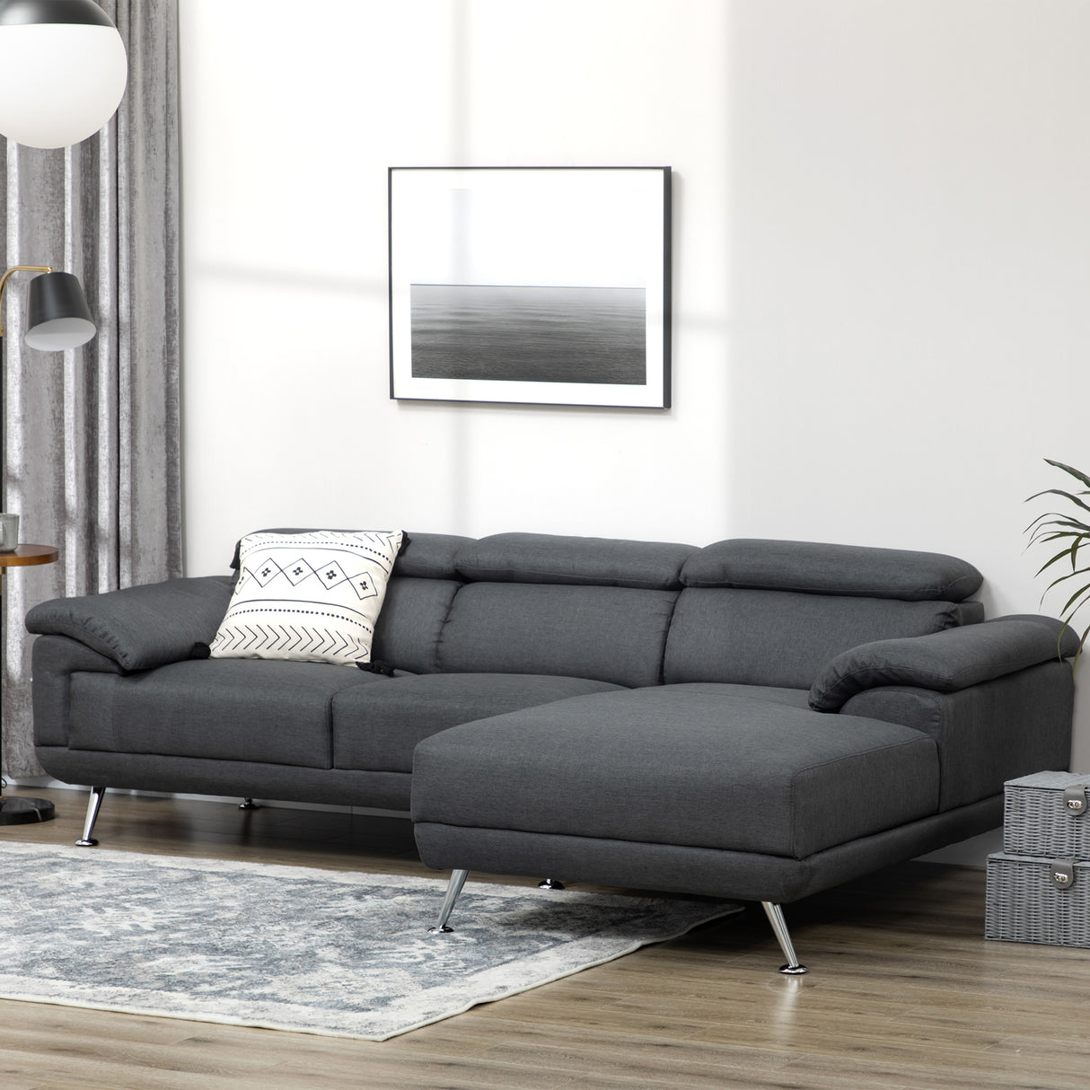 easycomfort easycomfort divano angolare 3 posti in tessuto con poggiatesta regolabili 249 5x162 5x95cm grigio scuro