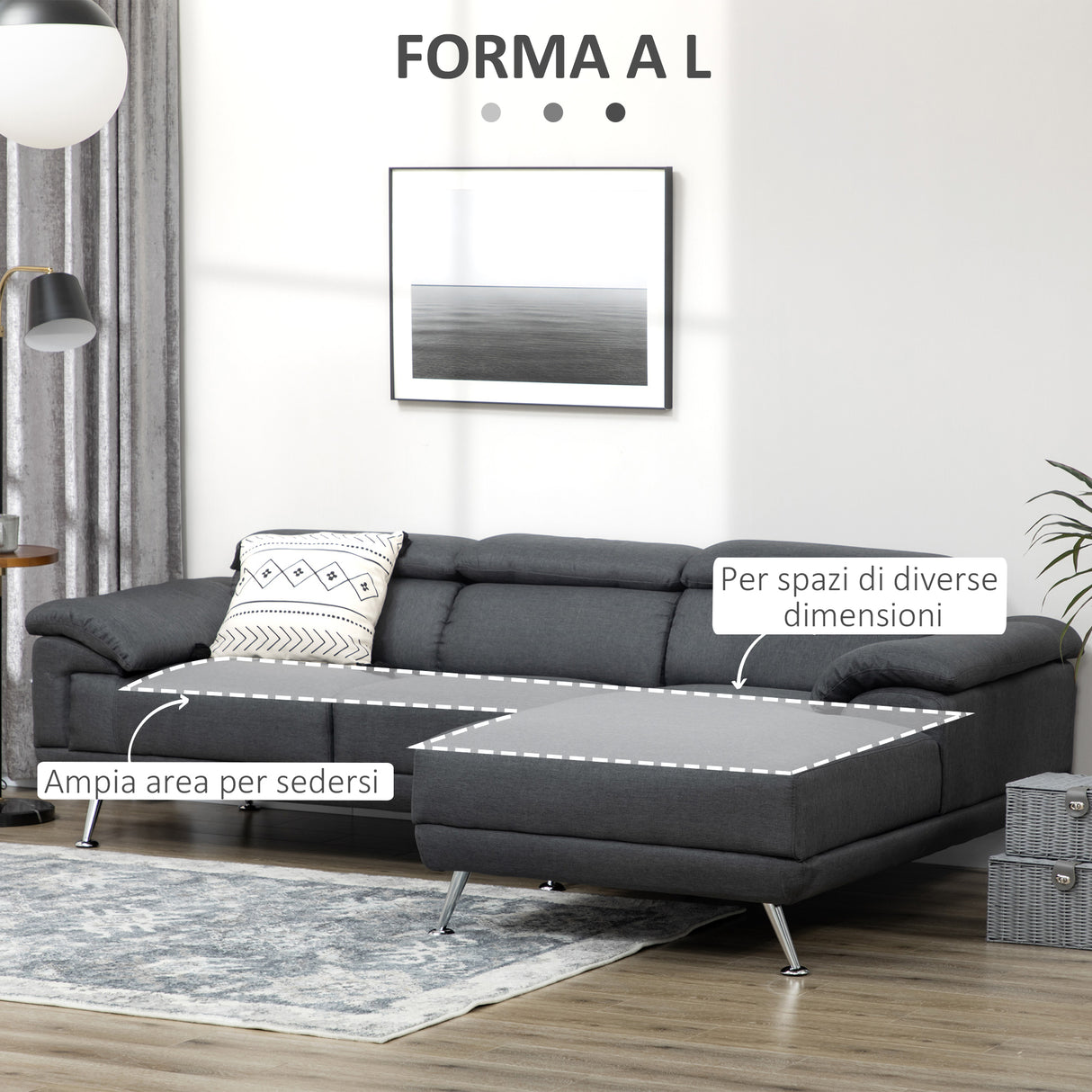 easycomfort easycomfort divano angolare 3 posti in tessuto con poggiatesta regolabili 249 5x162 5x95cm grigio scuro