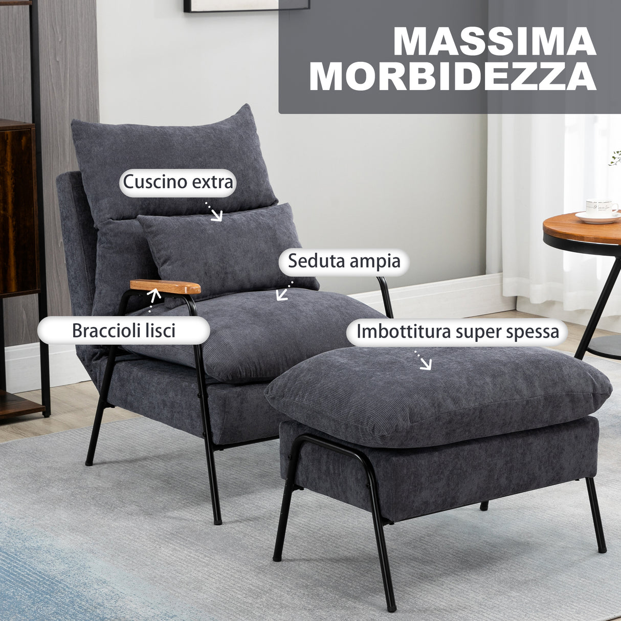 easycomfort easycomfort poltrona relax reclinabile con pouf poggiapiedi in velluto a costine grigio
