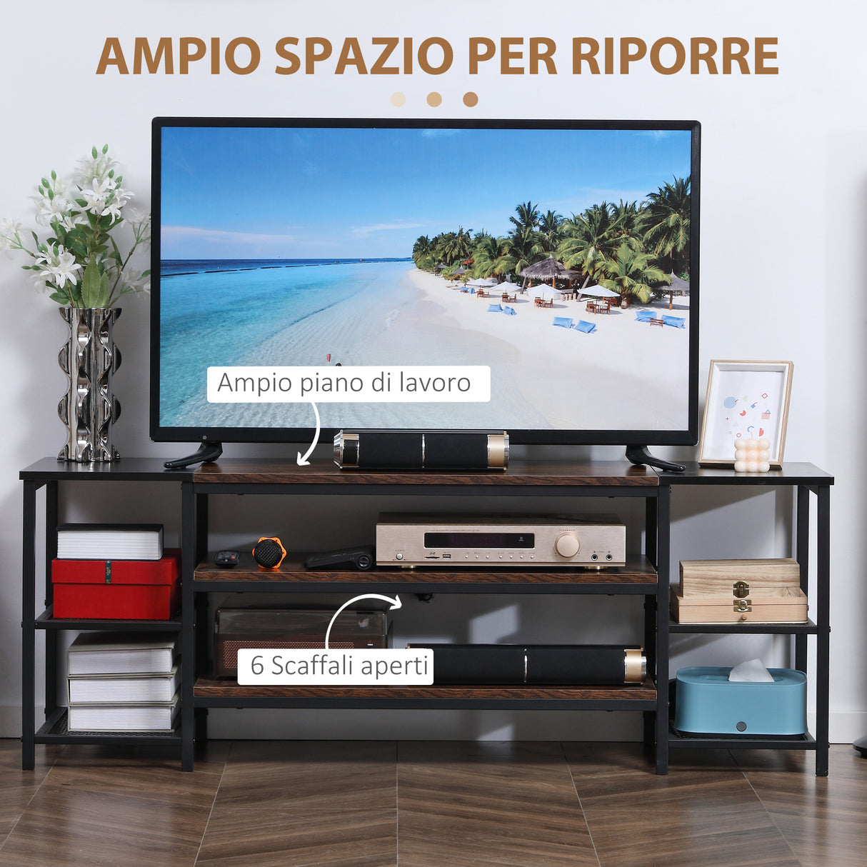 easycomfort easycomfort mobile tv moderno per tv fino a 65 con 6 ripiani aperti in acciaio e truciolato 140x40x50 cm marrone e nero