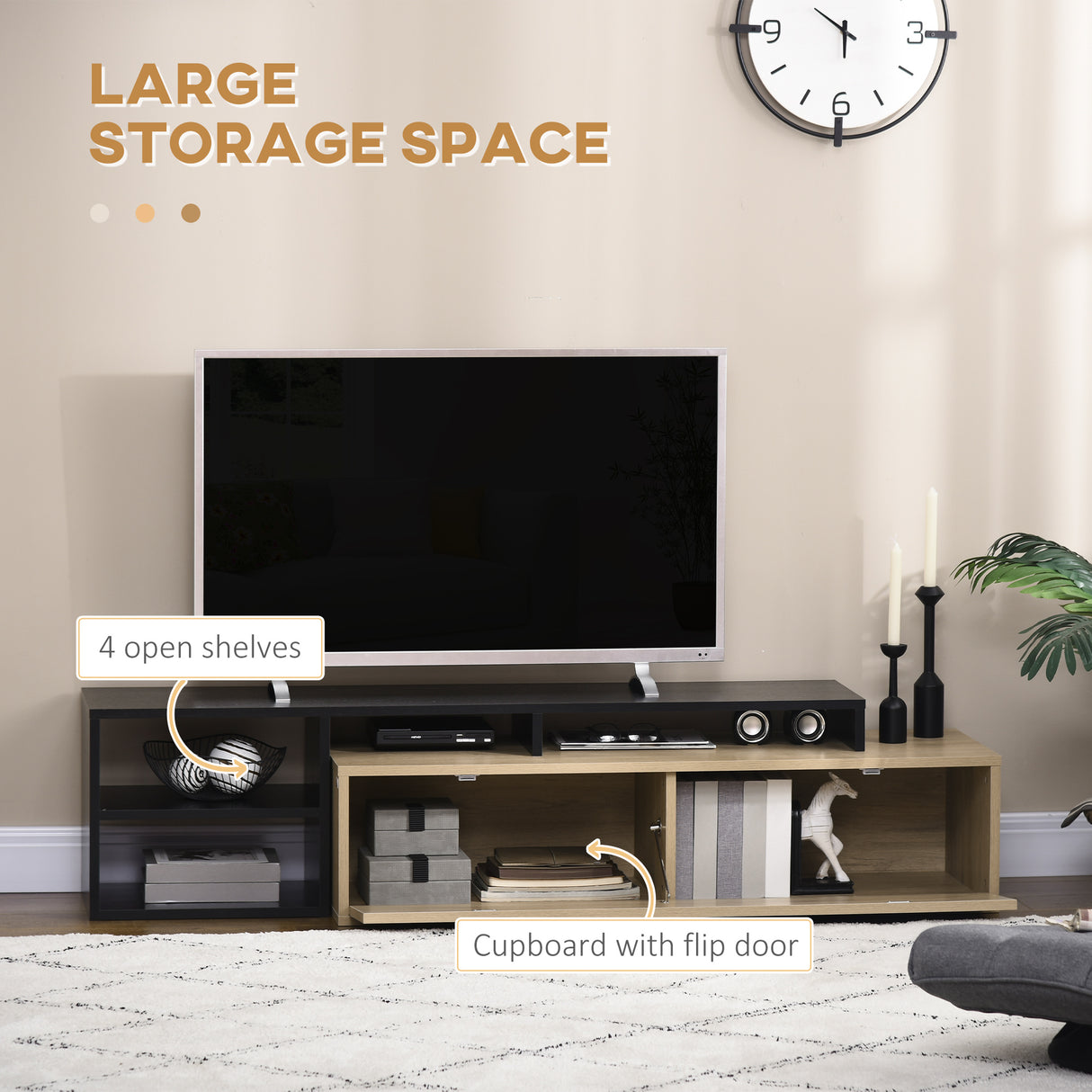 easycomfort easycomfort mobile tv 32 65 con ripiano rimovibile e armadietto con anta ribaltabile in mdf 163x40x38 cm color legno e nero