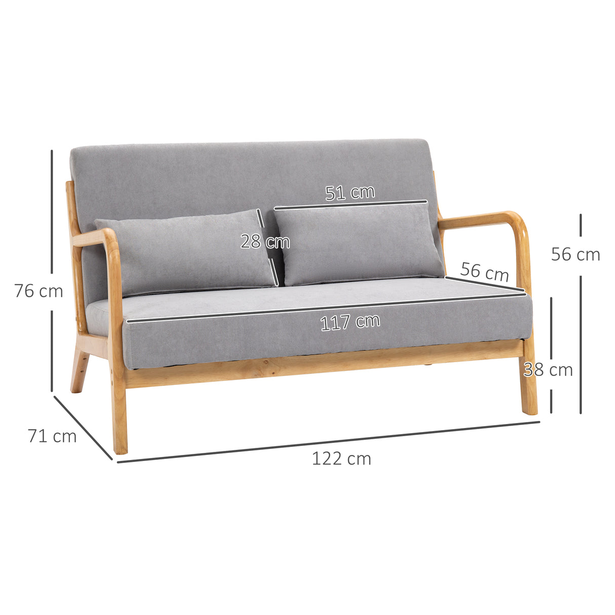easycomfort easycomfort divano 2 posti moderno in legno con cuscini seduta imbottita e tessuto effetto velluto 122x71x76 cm grigio