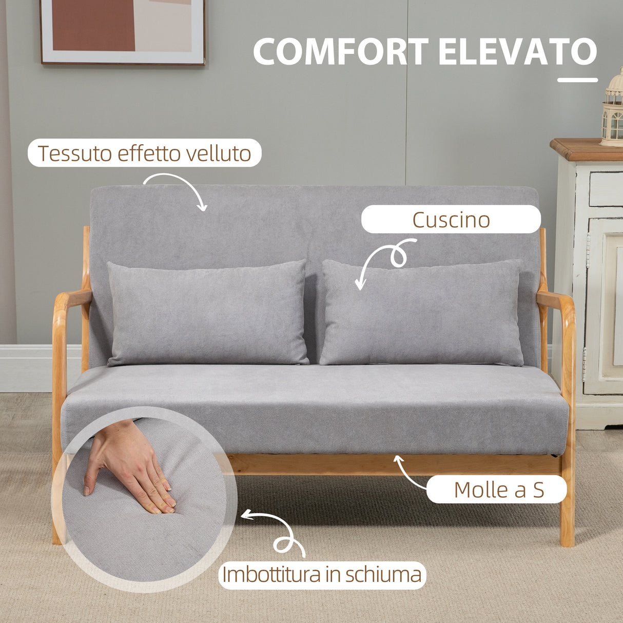 easycomfort easycomfort divano 2 posti moderno in legno con cuscini seduta imbottita e tessuto effetto velluto 122x71x76 cm grigio