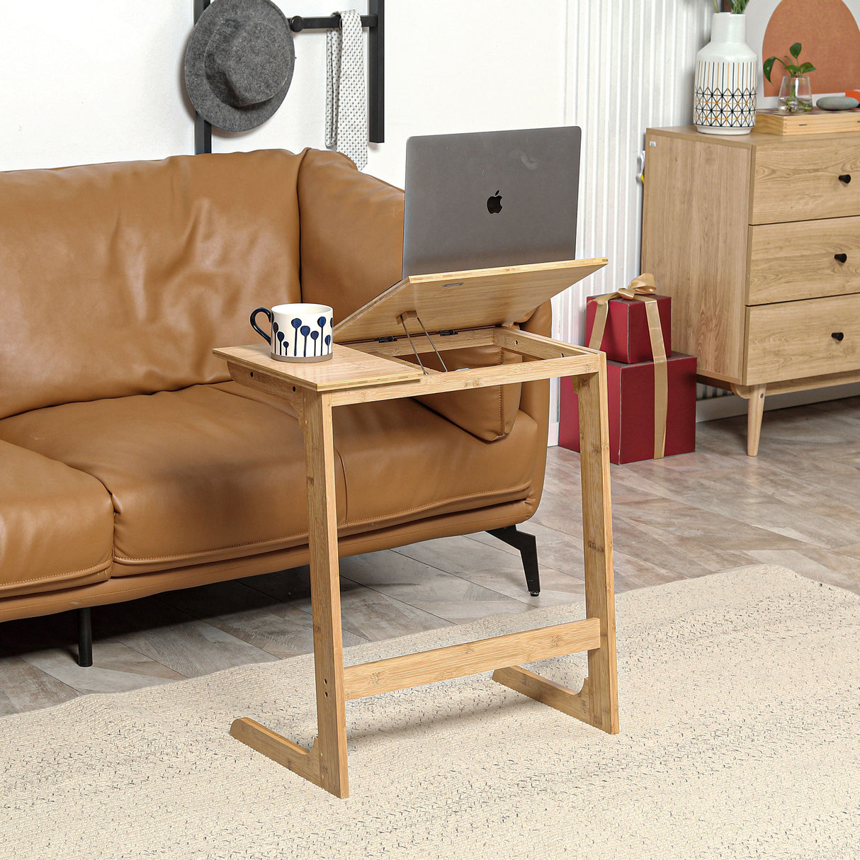 easycomfort easycomfort tavolino da divano a forma di c in legno di bambu con piano inclinabile su 5 livelli 60x33x67cm