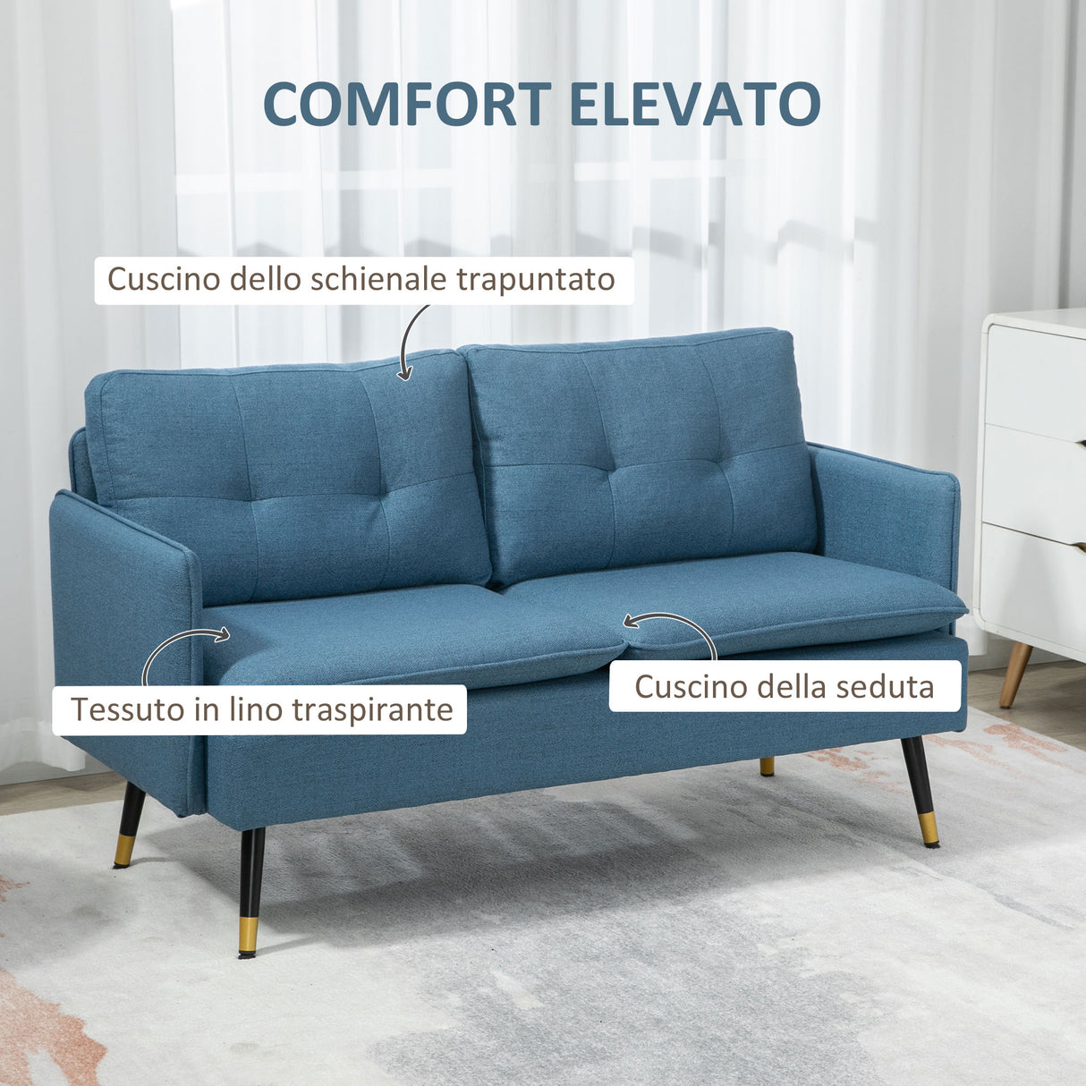 easycomfort easycomfort divano 2 posti in tessuto con cuscini imbottiti e gambe in acciaio 139x68x80cm blu scuro