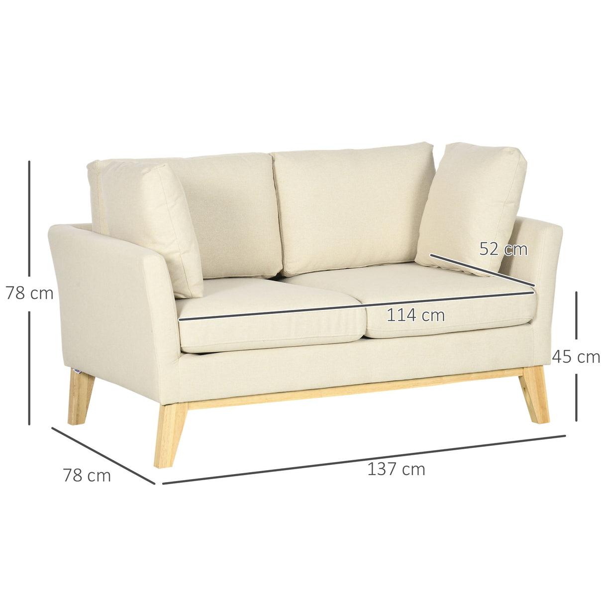 easycomfort easycomfort divano da 2 posti in legno di eucalipto e tessuto effetto lino con 2 cuscini 137x78x78 cm beige
