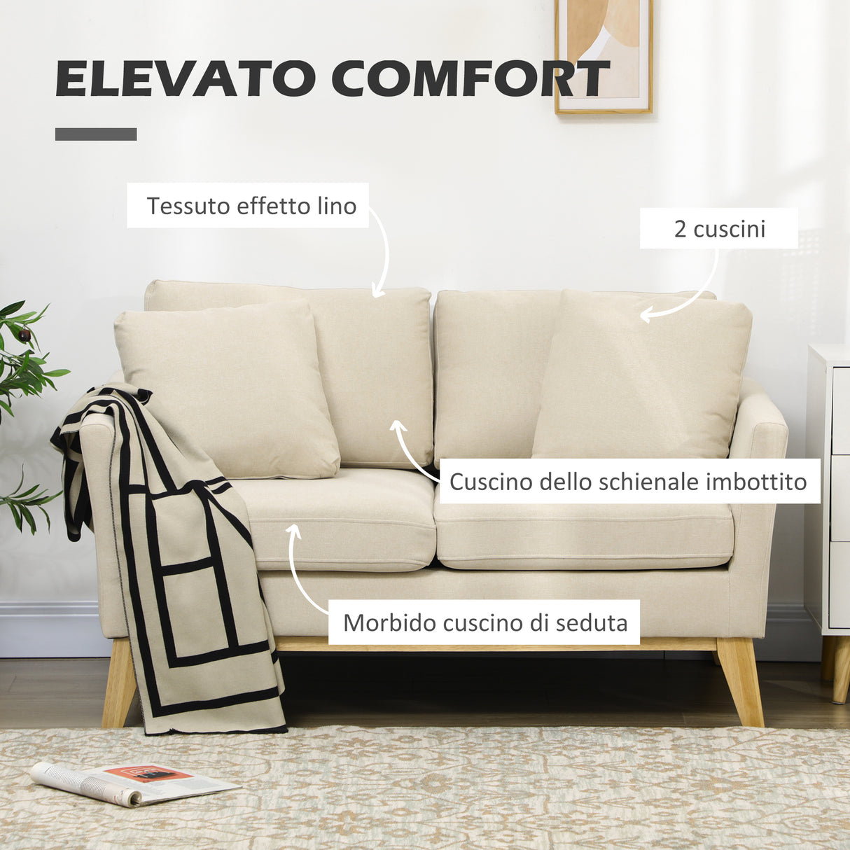 easycomfort easycomfort divano da 2 posti in legno di eucalipto e tessuto effetto lino con 2 cuscini 137x78x78 cm beige