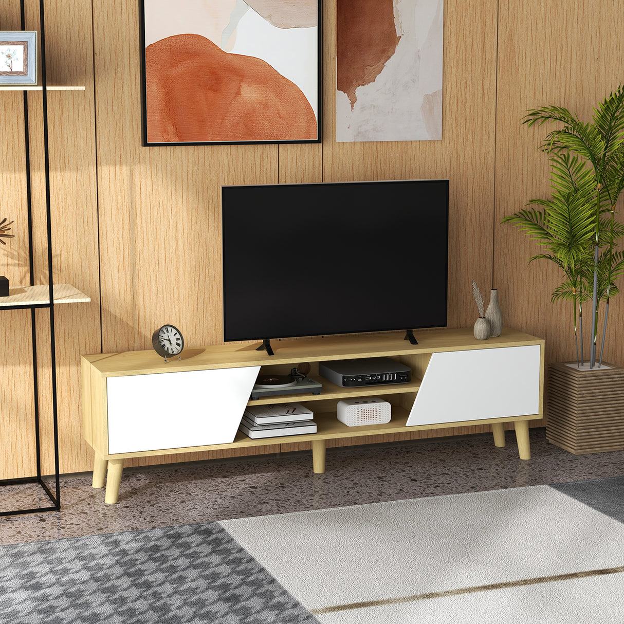 easycomfort easycomfort mobile porta tv fino 65 con armadietti e ripiani aperti 150x30x42cm bianco e legno