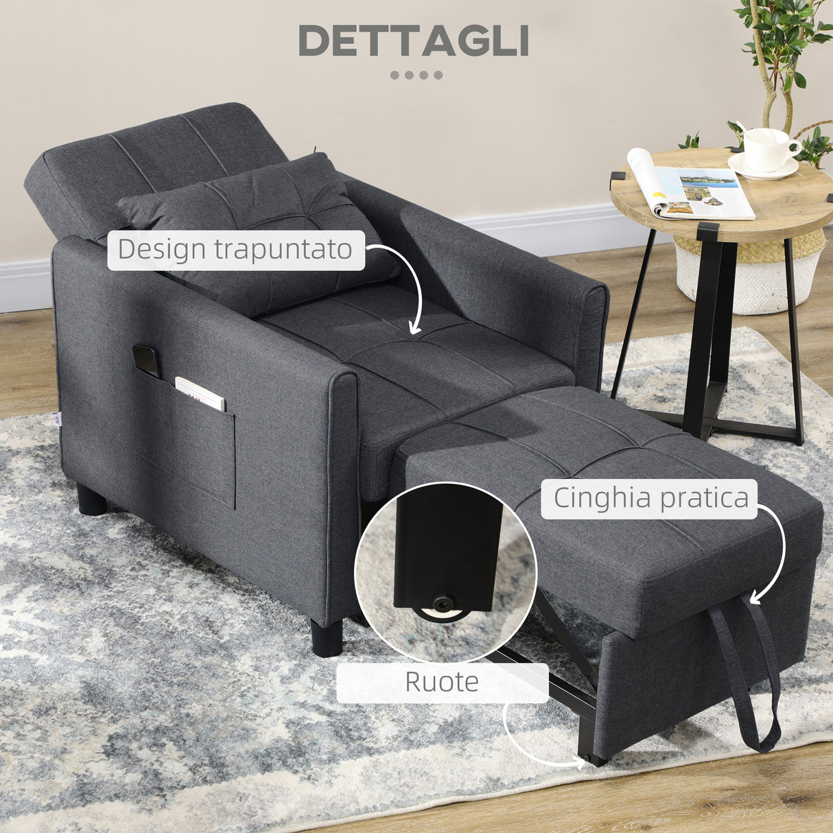 easycomfort easycomfort poltrona letto singolo reclinabile su 3 livelli con cuscino extra 69x82x85cm grigio