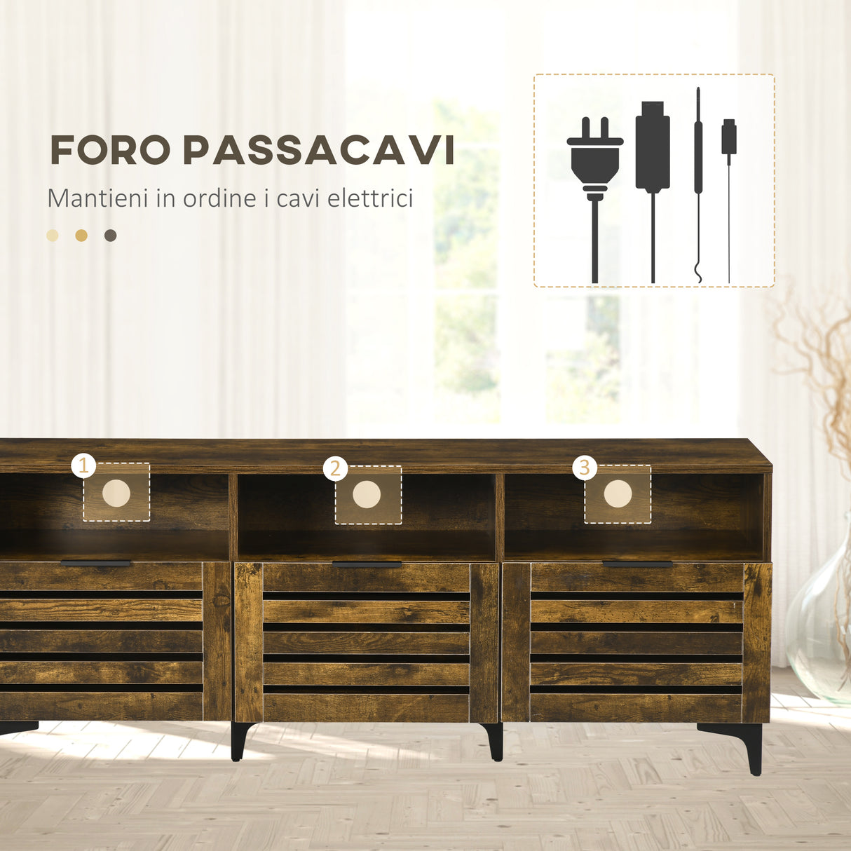 easycomfort easycomfort mobile tv 65 max con 3 cassetti 2 armadietti e foro passacavi in truciolato 140 4x36x55 cm marrone