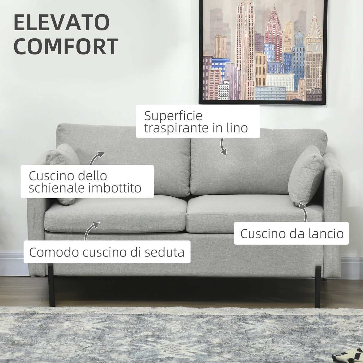 easycomfort easycomfort divano 2 posti per soggiorno in tessuto effetto lino e acciaio con tasche laterali 143x73x77cm grigio