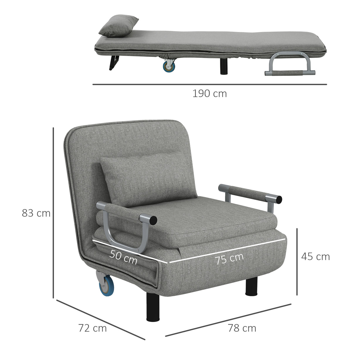 easycomfort easycomfort poltrona letto singolo e chaise longue in tessuto con schienale regolabile a 3 livelli grigio