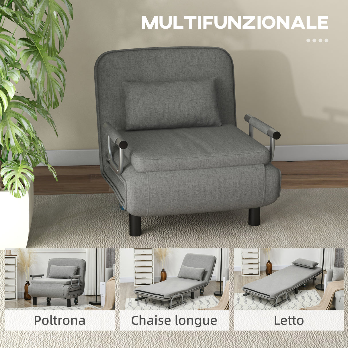 easycomfort easycomfort poltrona letto singolo e chaise longue in tessuto con schienale regolabile a 3 livelli grigio