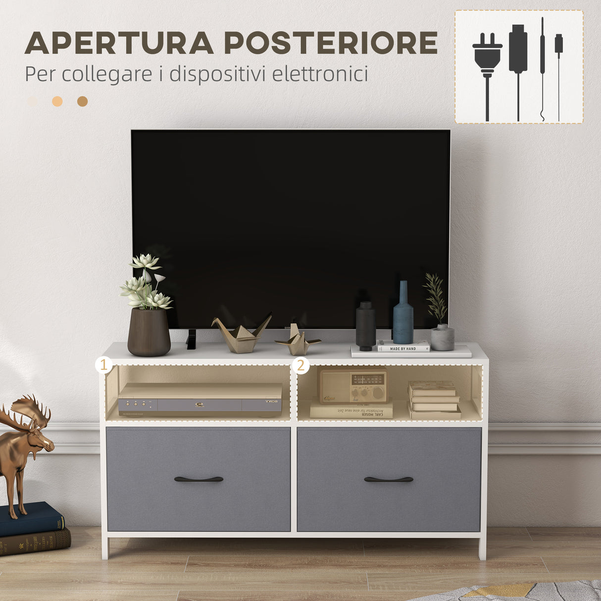 easycomfort easycomfort mobile tv 45 max in mdf e tessuto non tessuto con 2 cassetti e 2 ripiani 100x30x53 cm bianco e grigio