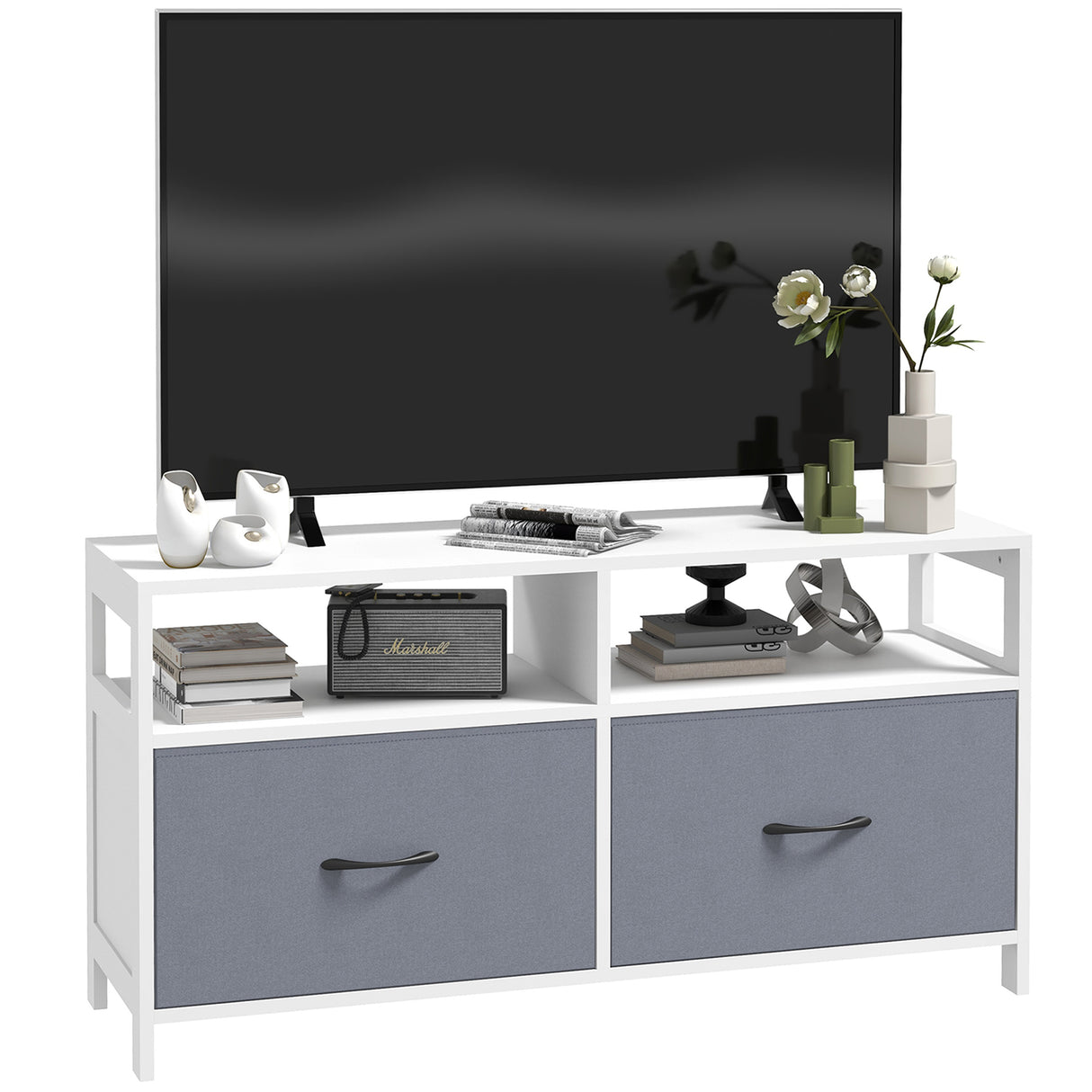 easycomfort easycomfort mobile tv 45 max in mdf e tessuto non tessuto con 2 cassetti e 2 ripiani 100x30x53 cm bianco e grigio