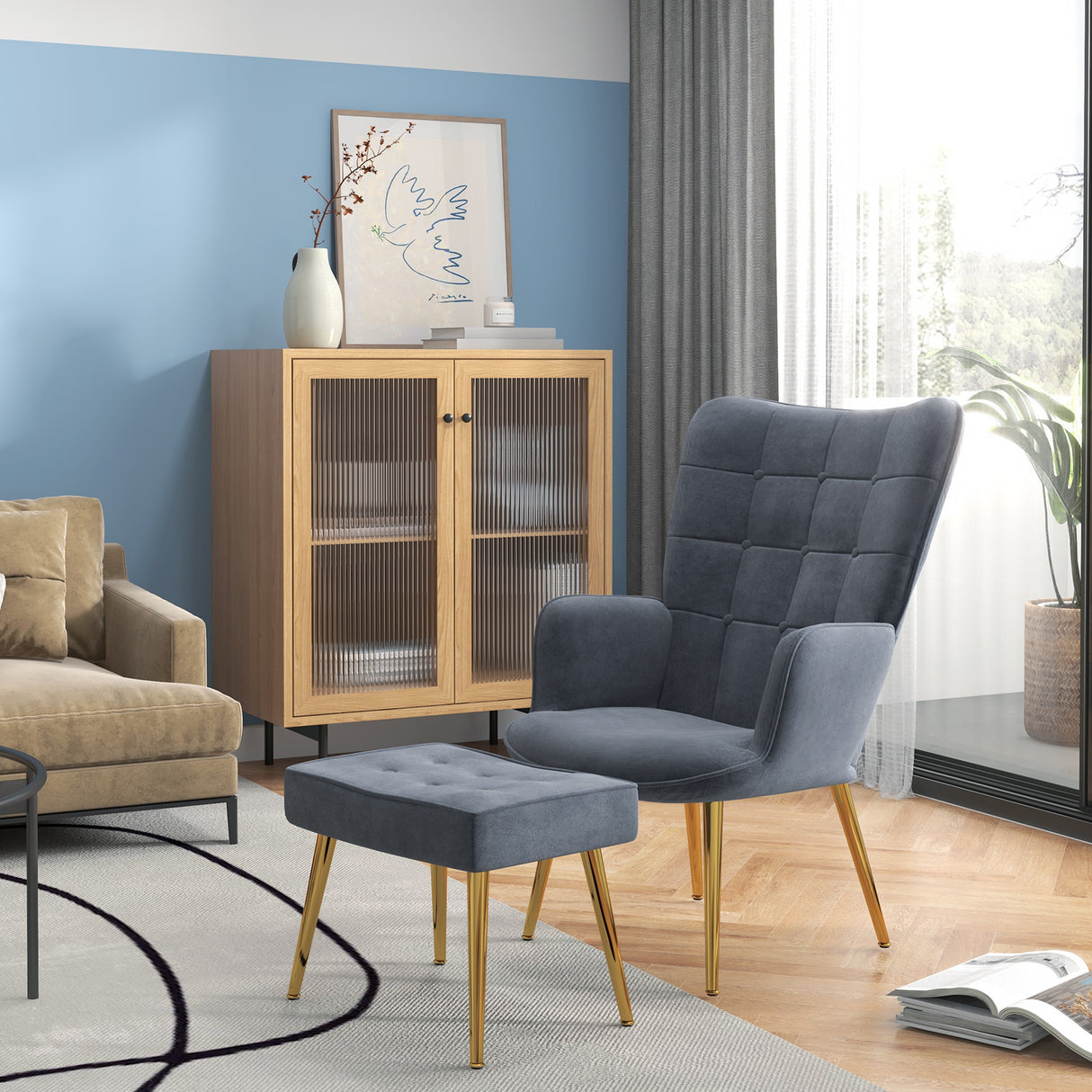 easycomfort easycomfort poltrona moderna con pouf poggiapiedi set vellutato e imbottito con gambe dorate grigio