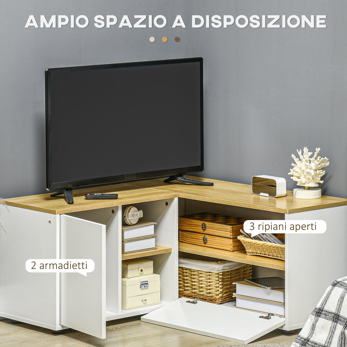easycomfort easycomfort mobile tv a l per tv da 40 con 3 ripiani aperti e 2 armadietti in truciolato 90x90x45 cm