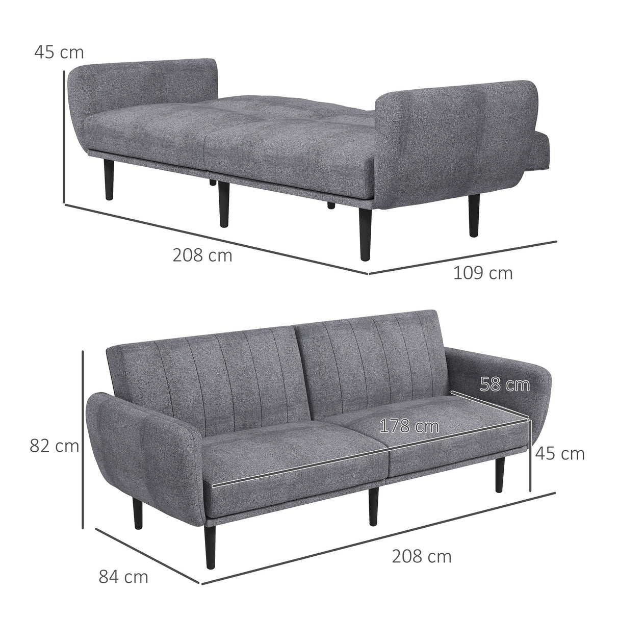 easycomfort easycomfort divano letto 3 posti con schienale reclinabile a 3 livelli in tessuto 208x84x82cm grigio
